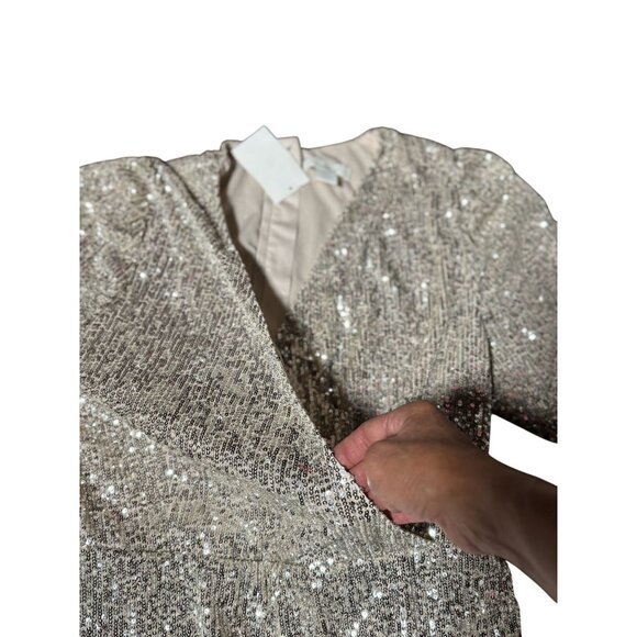 H&M Womens M Gold Sequin Wrap Mini Dress Romper Long Sleeve Holiday Party Chic - Picture 5 of 14
